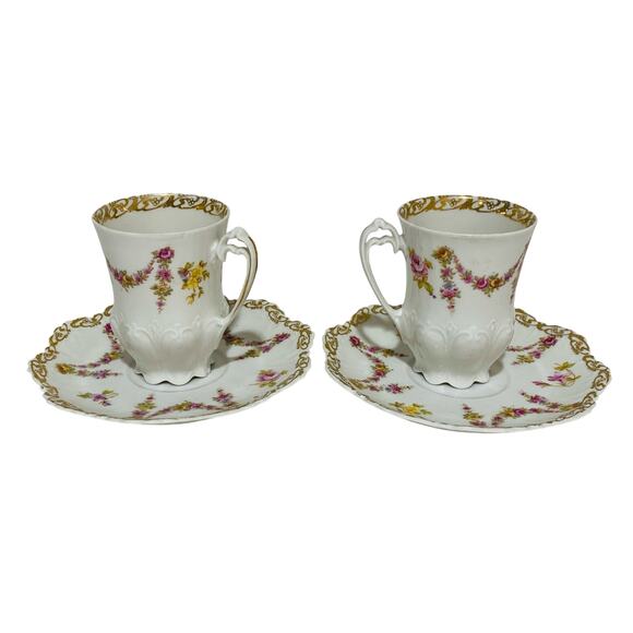 Vintage Carlsbad Austria porcelain demitasse tea cup & saucer sets (2) pink rose - Picture 5 of 15